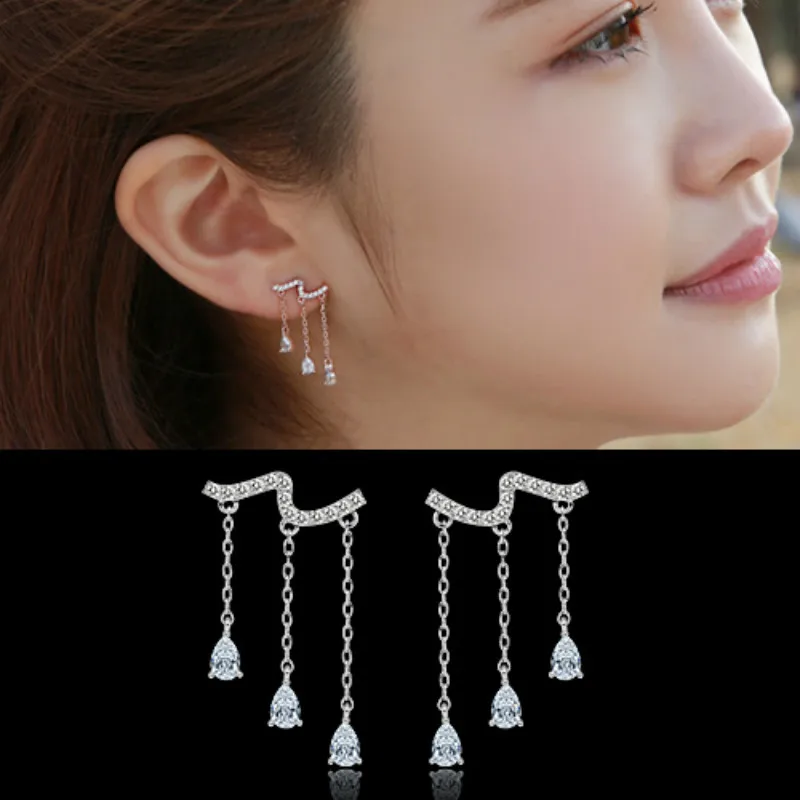 925 Sterling Silver Drops of Water Insert Drill Ear Studs Fashion