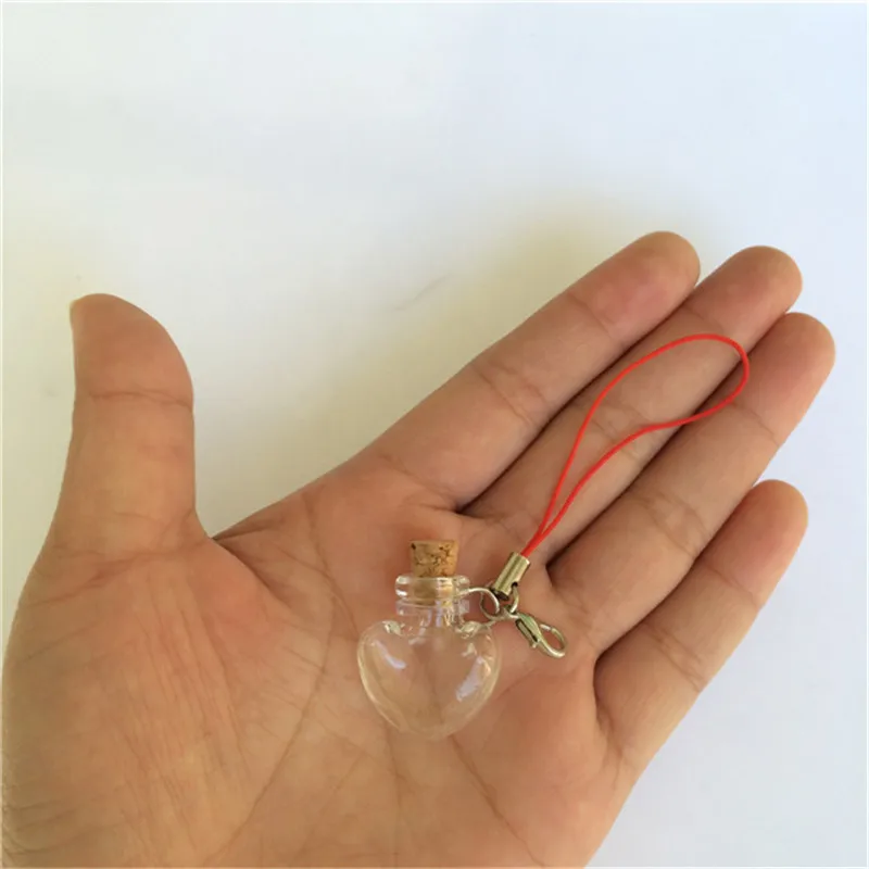 Mini Glass Bottles Pendants Keychain Small Wishing Bottles With Cork Cute Heart Shaped Vials Small Jars 10 pcs 20x24x6 mm