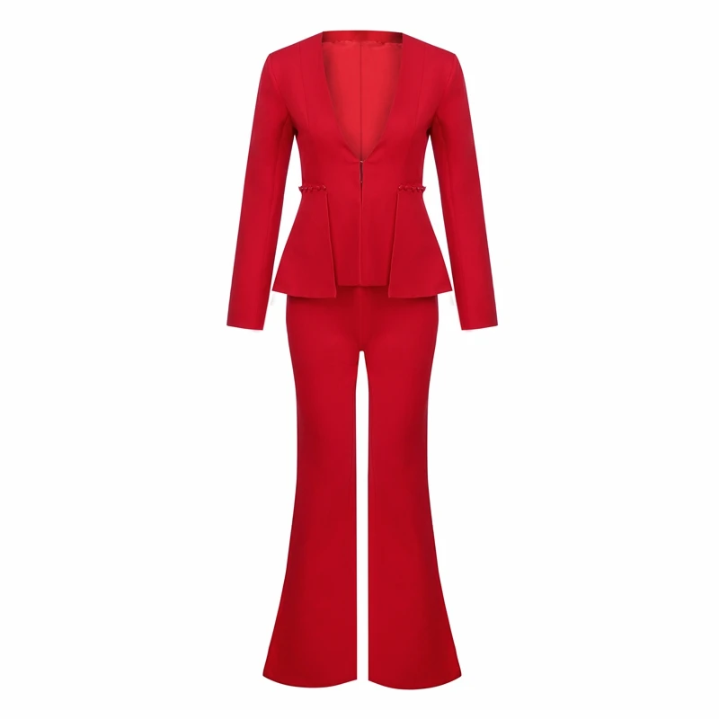 Beateen, красный блейзер с v-образным вырезом, длинный рукав, широкие брюки, OL, официальные женские брючные костюмы, 2 пицевых комплекта - Цвет: Красный