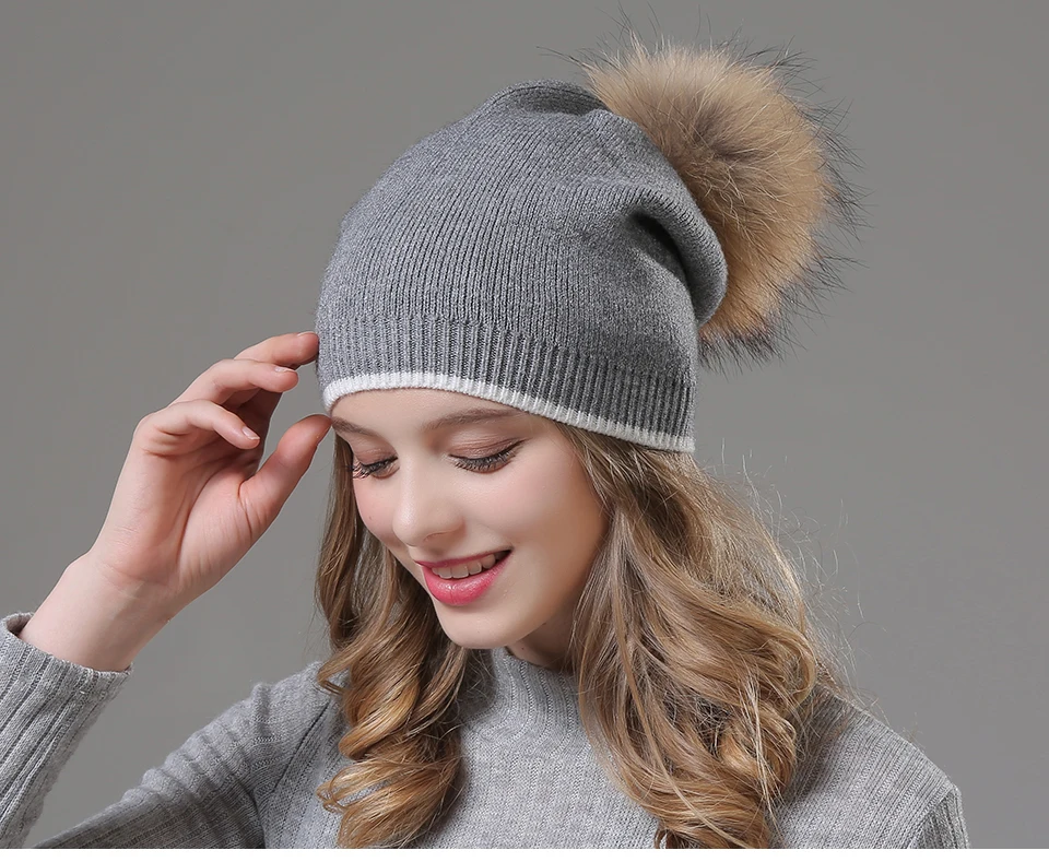 Winter Hats For Women Beanies Knitted Wool Pompon Beanies Female Real Raccoon Fur Pom Poms Hat For Girls 2018 (4)