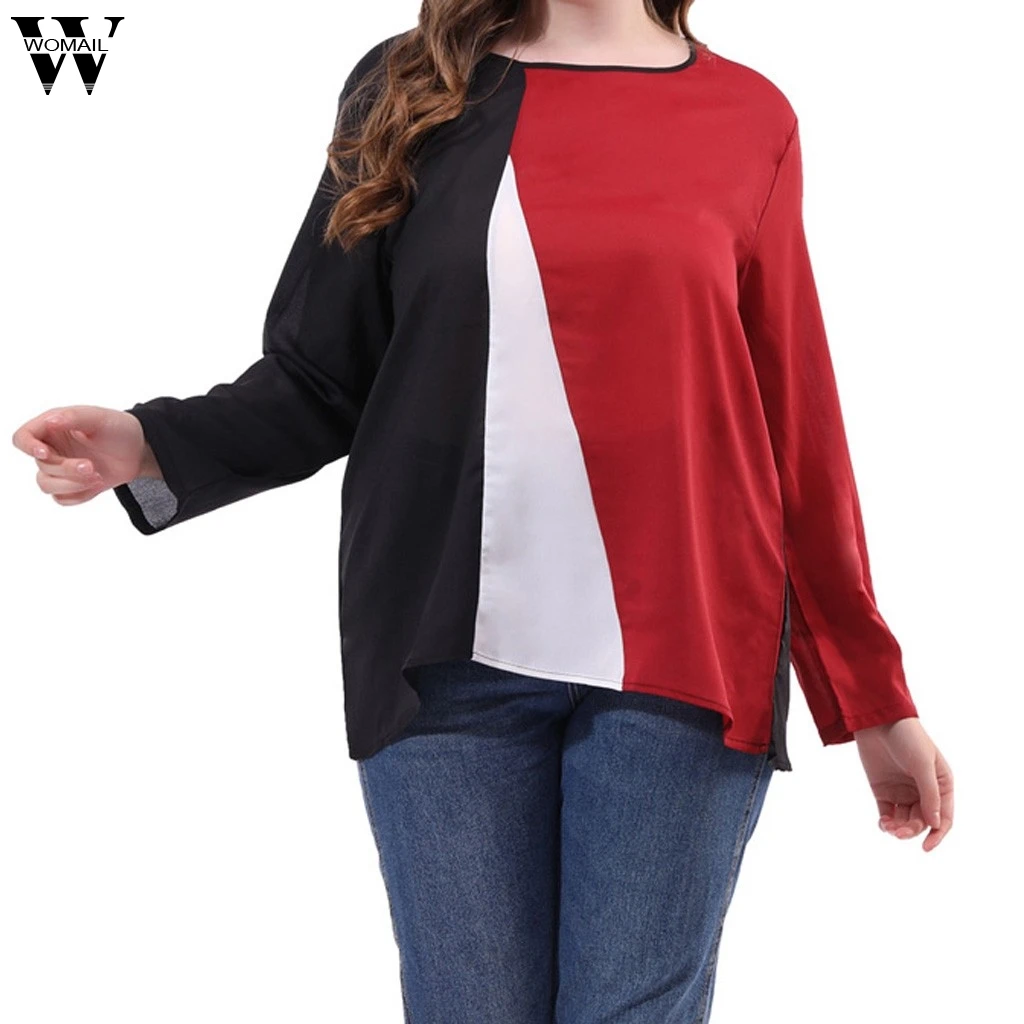 

Womail 2019 New Fashion Women's Red Sexy Tops Plus Size Splicing Long Sleeve O-neck Autumn Casual Tops For Ladies JULY1 Hauts