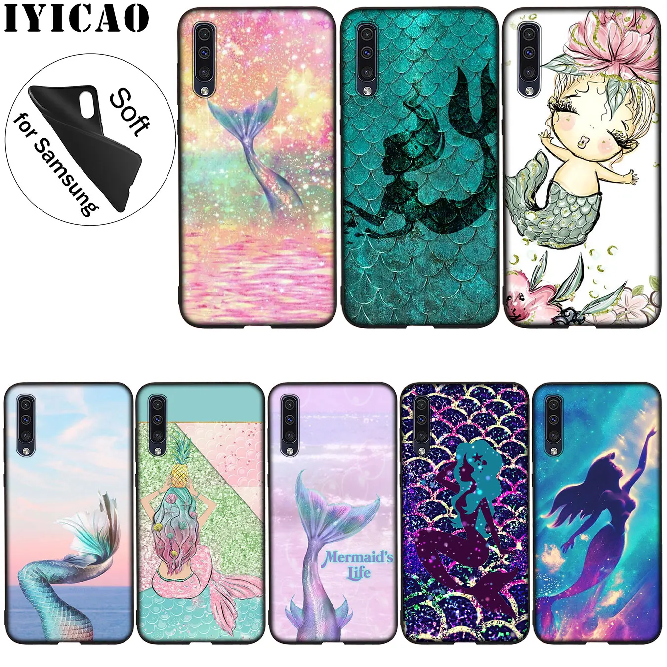 IYICAO Mermaid Tail Scale Soft Silicone Case for Samsung Galaxy A70 A60 A50 A40 A30 A20 A10 A50S A40S A30S A20E A10S Black Cover |