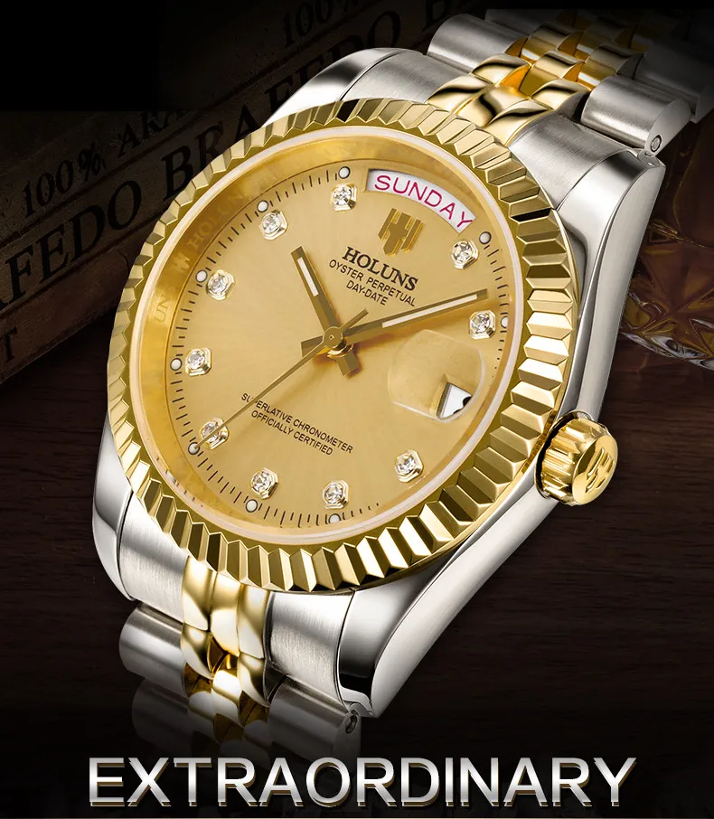 HOLUNS Watch Men Sapphire glass Gold 