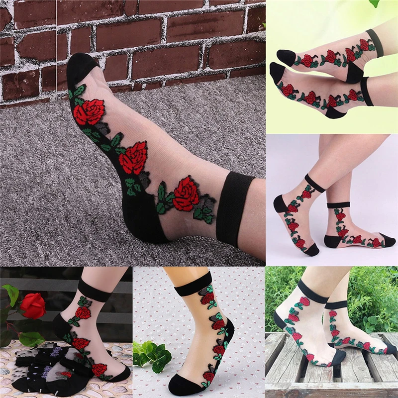 1 Pair Rose Flower Pattern Women Lace Ankle Sock Soft Sheer Silk Cotton