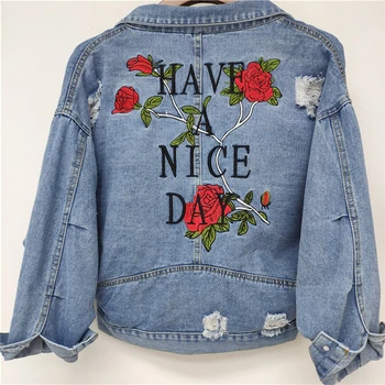 

Rose Embroidery Denim Coat Women Autumn Washed Blue Jackets Vintage Lapel Casaco Loose Long Sleeve Abrigo Mujer Outwear