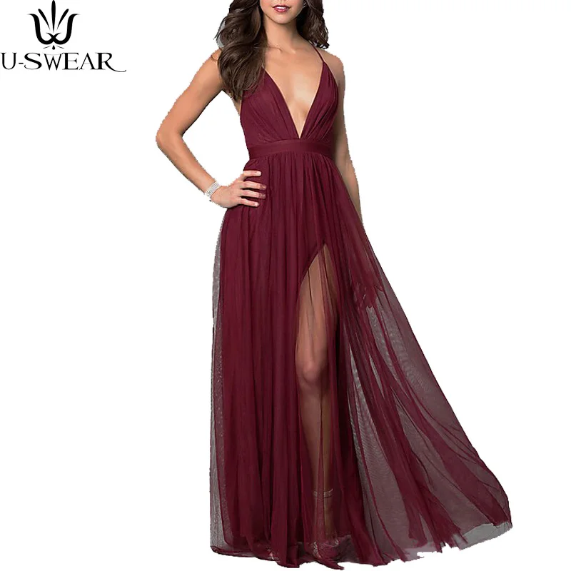 

Summer New Women Dress Wine Red Stitching Perspective Gauze Loose Sequin Deep V Strap Women Mesh Dress Vestidos De Fiesta