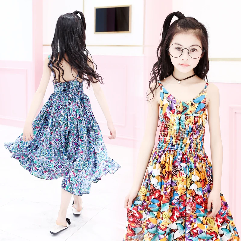 

Kids Bohemian Dresses For Girls Jumpsuits Summer Girls Vests Dresses Floral Print Vacation Beach Dress 4 6 8 10 12Years Vestidos