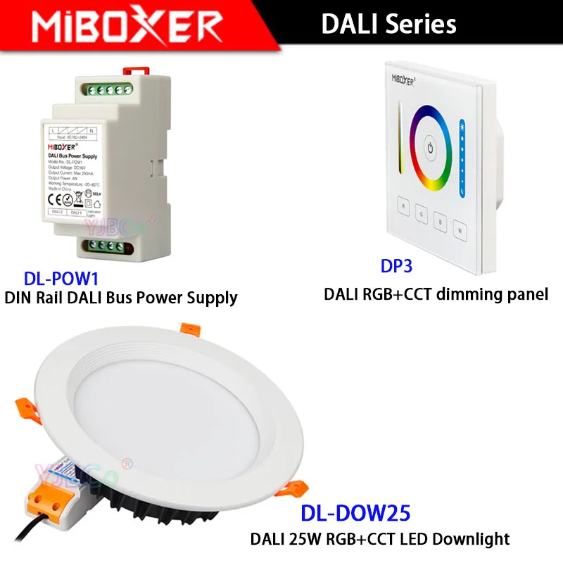 

Miboxer DL-DOW25 DALI 25W RGB+CCT LED Downlight compatible DP3 touch panel DL-POW1 DIN Rail DALI Bus Power Supply