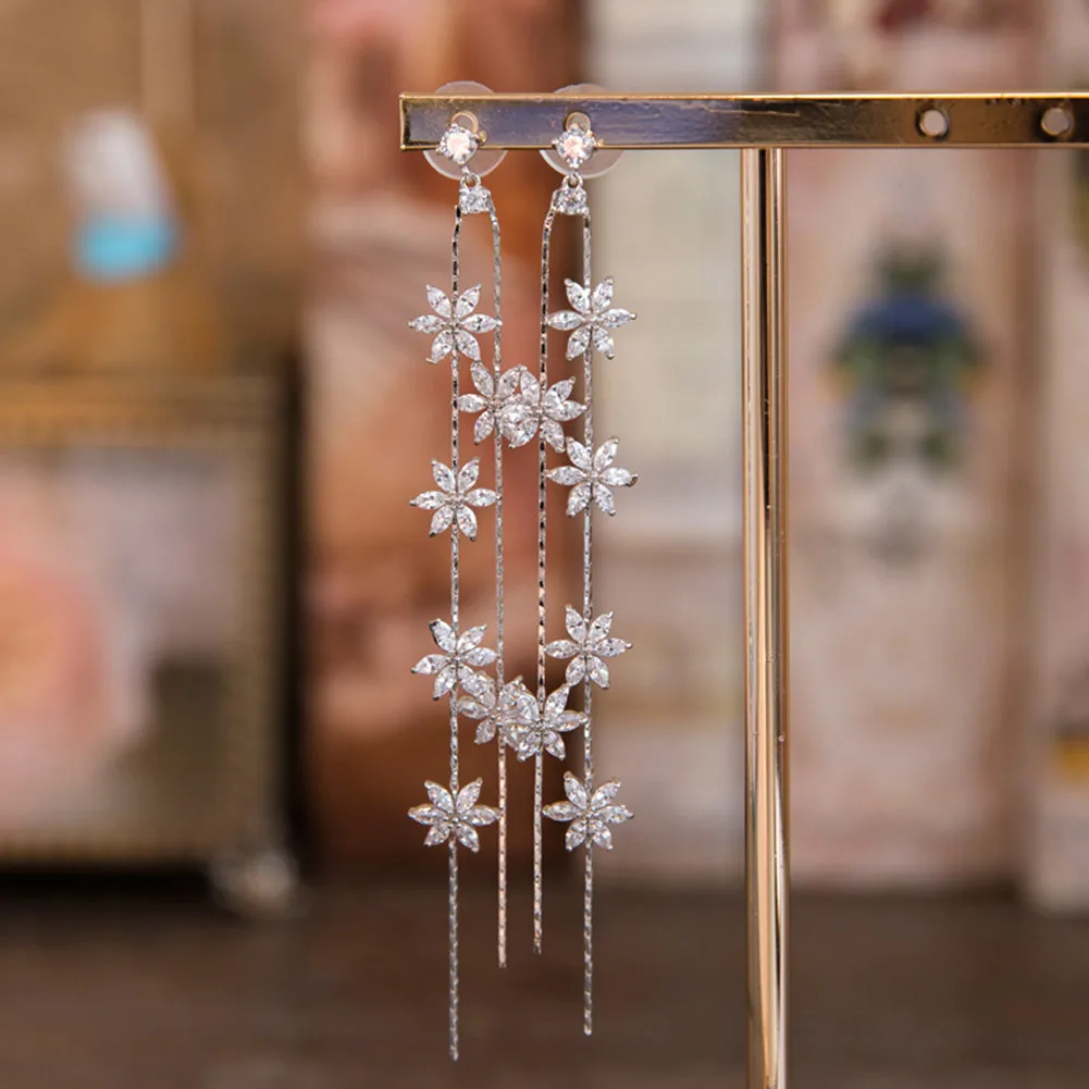 

Women Stud Earrings Clip Earrings Sweet Style Shining Zircon Flower Tassel Earring KQS8