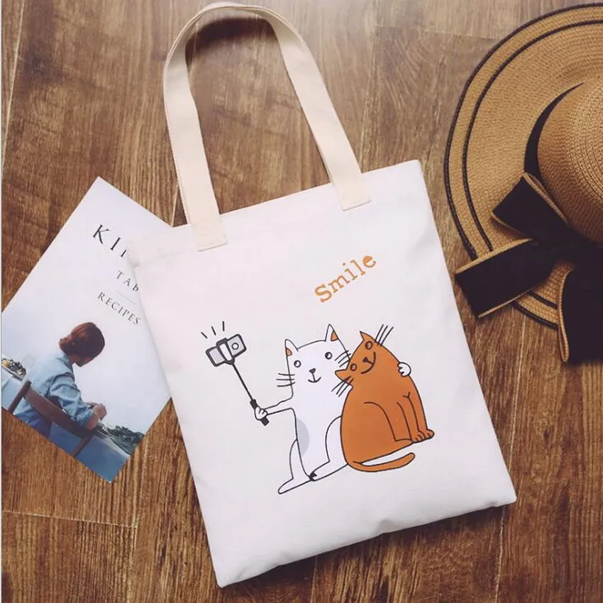 

LIXUN Handmade Cute Cat Print Women Canvas Handbags Purse Shoulder Bags Ladies Casual Travel Book Bags Shopper Bags Female Bolsa
