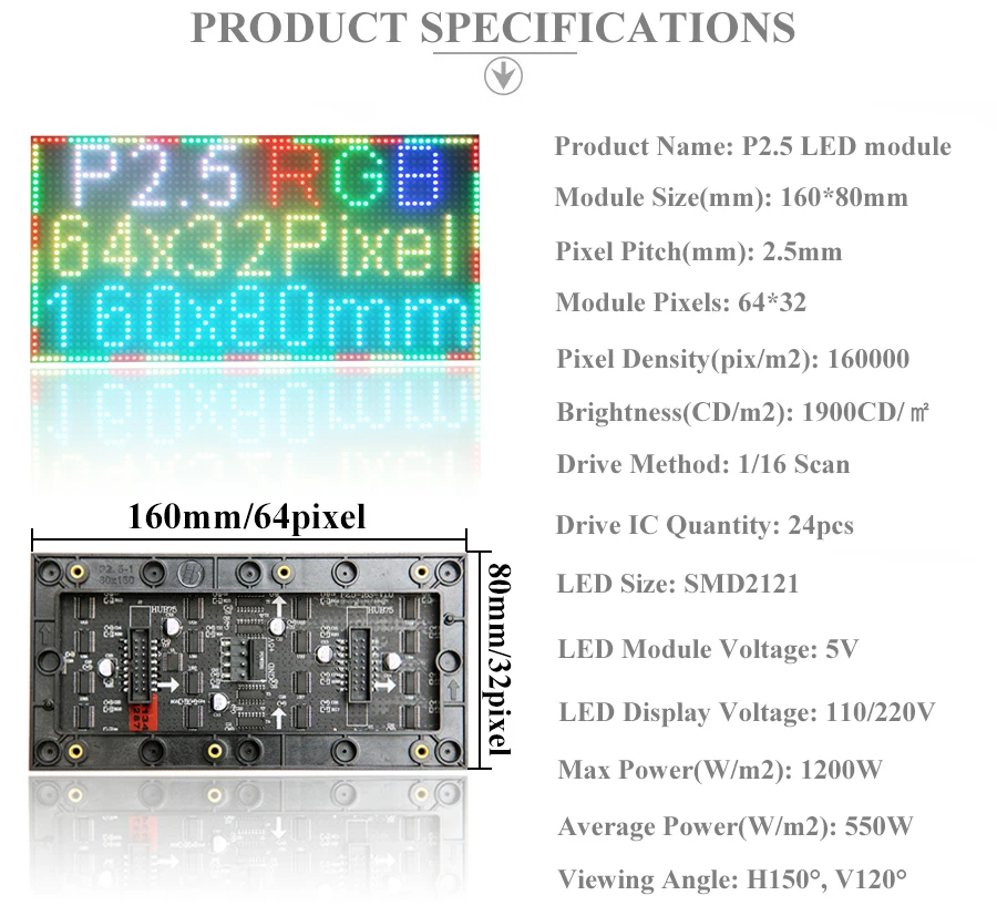 160*80 мм 64*32 пикселей 1/16 сканирования 3в1 RGB P2.5 Крытый полноцветный светодиодный модуль дисплея