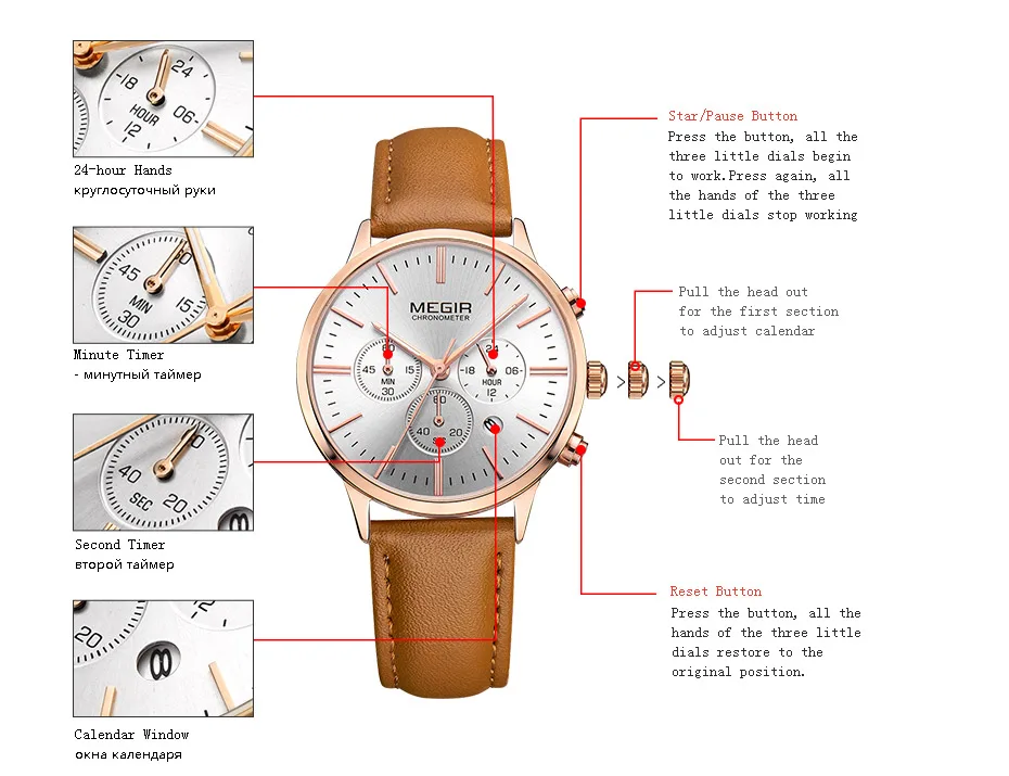 Megir хронограф индикатор Даты коричневый кожаный ремешок кварцевые наручные часы для женщин Дамская Мода Золотые розовые наручные часы ML2011L-2