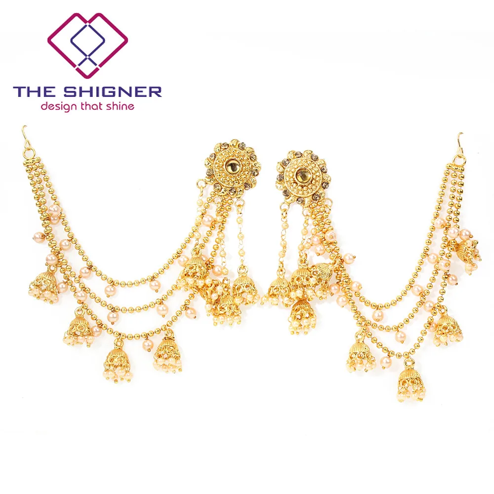 THE SHIGNER Bahubali Collection GoldColor with Pearls Kundan Jhumka Earrings With Hair Chain Indian Bollywood Designer Jewelry