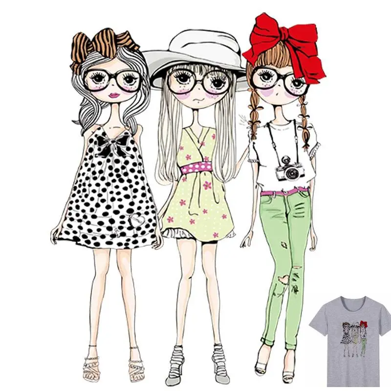 

25x18cm Fashion sister girls Iron On Stickers Washable Appliques A-level Patches Heat Transfer For DIY Accessory Clothing