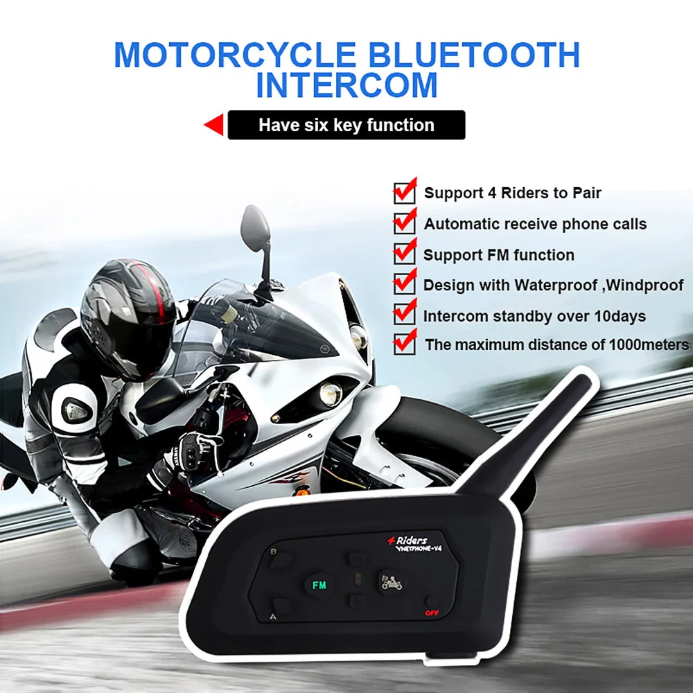 

Vnetphone V4 Motorcycle Helmet Intercom Headset 1200M 4 Riders Motorcycle BT Interphone With FM Radio(Single)