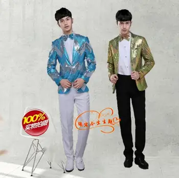 

Blazer men stage performance banquet suit men costume homme terno masculino trouser sequins wedding suits for men's green blue