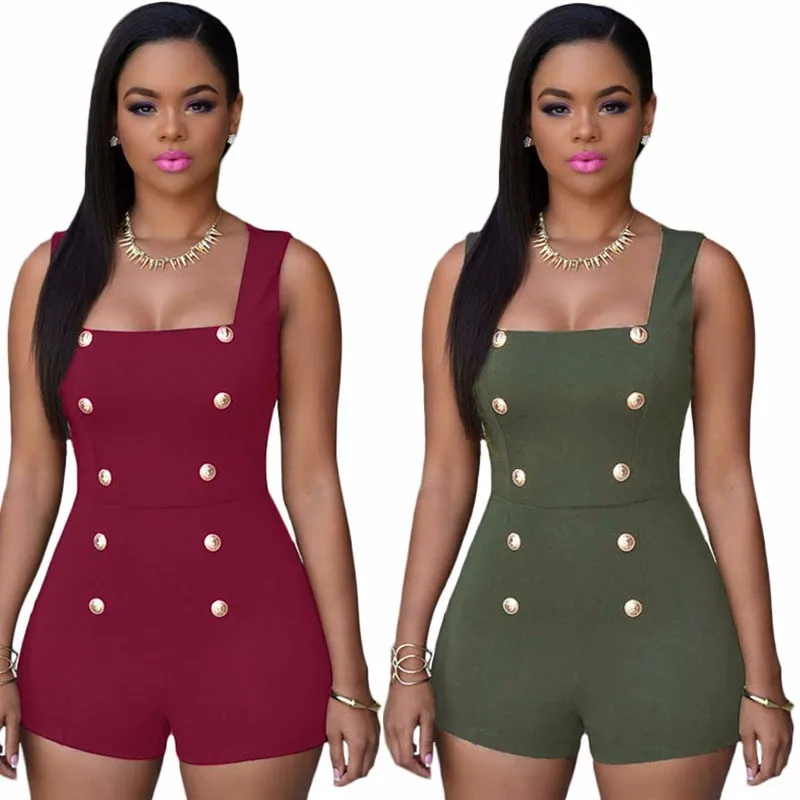 Gold Buttons Short Sleeveless Zip One Piece Bodysuit