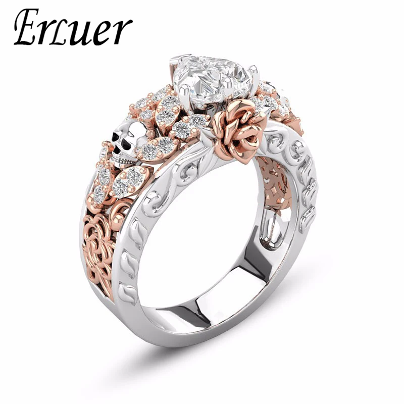 Кольца в виде цветка розы, черепа, для женщин и мужчин, в стиле панк, скелет, двухцветное покрытие, сердце, AAA, циркон, обручальное кольцо на палец, европейский, американский, дизайн - Цвет основного камня: rose gold pink ring