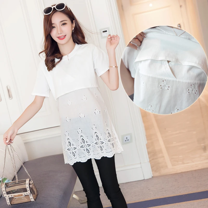 

Pengpious 2019 short sleeve clothes fashion lactation cotton patchwork hollow out lace breastfeeding tops maternity nursing tees