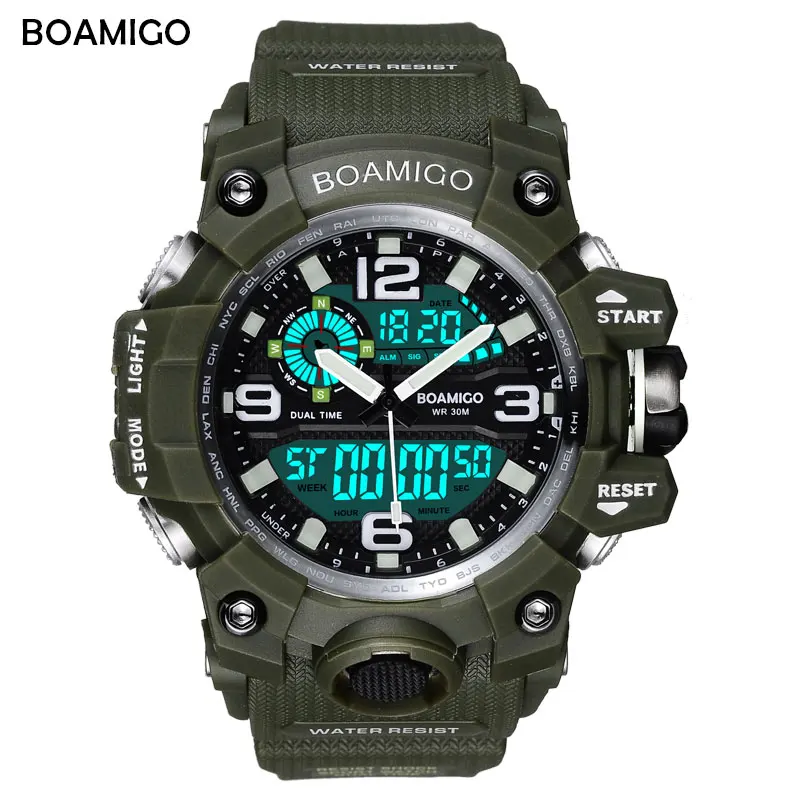 Бренд BOAMIGO, мужские спортивные часы, светодиодный, цифровые часы, военные, зеленые, наручные часы, водонепроницаемые, для плавания, кварцевые часы, relogio masculino