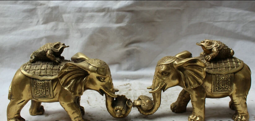 

JP S62 12" Chinese Brass Golden Toad Spittor elephant heffalump Statue sculpture Pair
