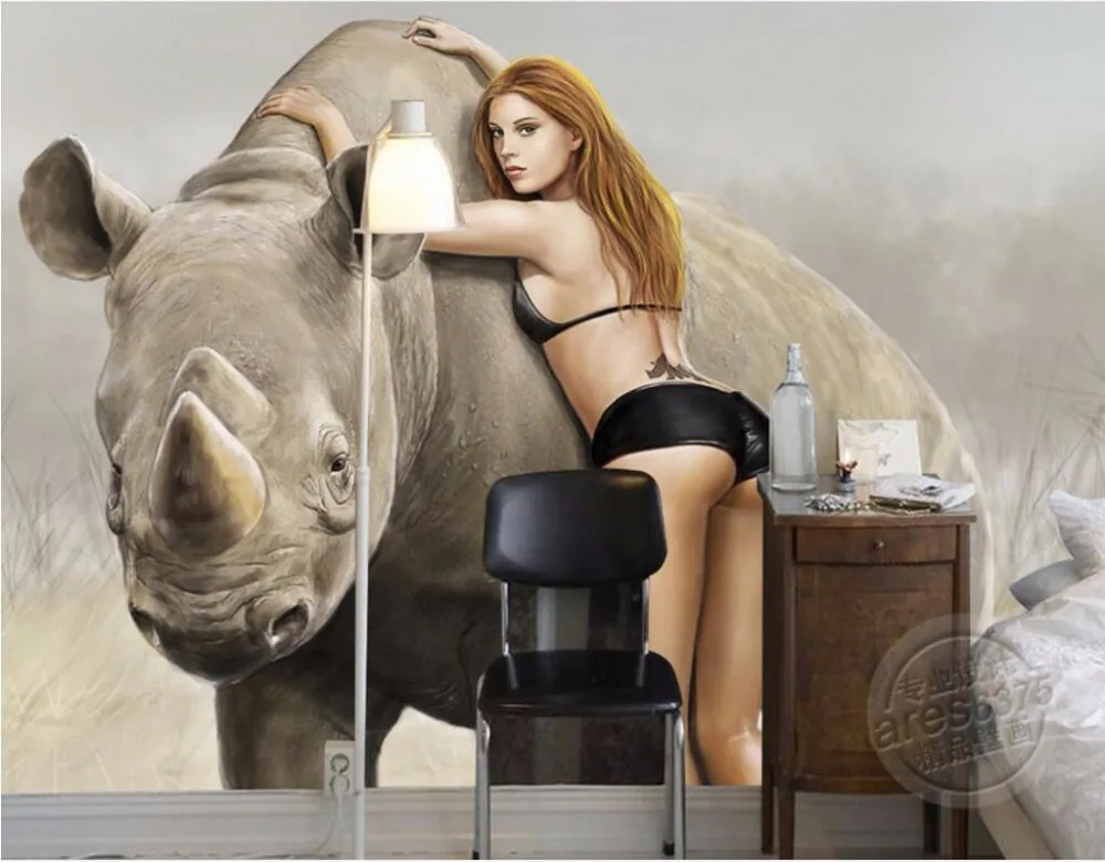 Фотообои на заказ 3d настенная бумага рисунок носорогов сексуальная Красавица и