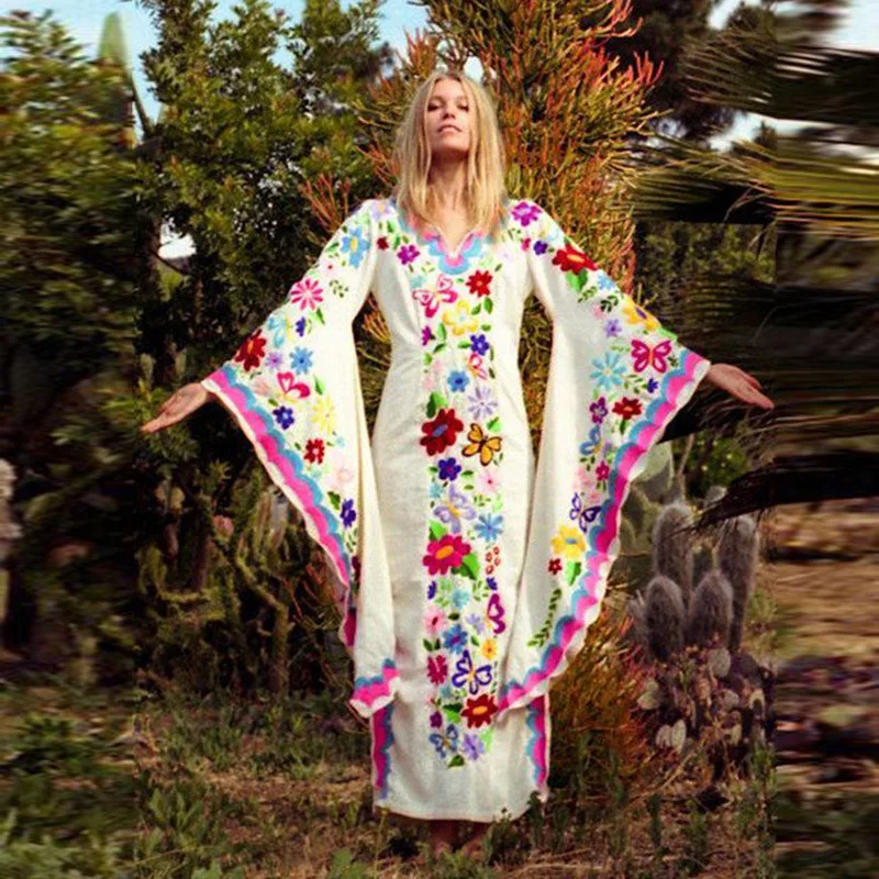 

Loose Print Bohemian Maxi Dresses for Women Flare Sleeve Long Sleeve Summer Beach Dresses Long Summer Vestidos