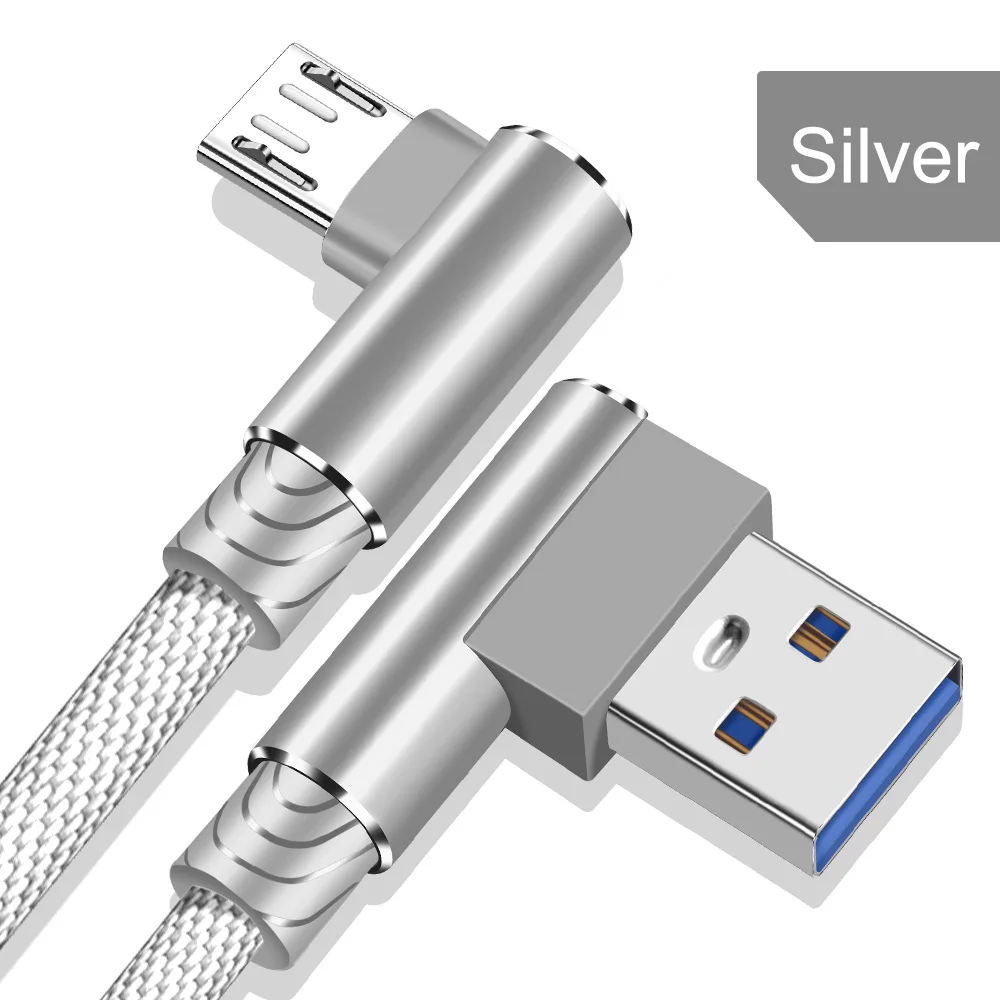 Suhach Micro USB кабель 3 м быстрое зарядное устройство USB шнур 90 градусов нейлон плетеный кабель для передачи данных для samsung/sony/Xiaomi телефон Microusb - Цвет: Silver