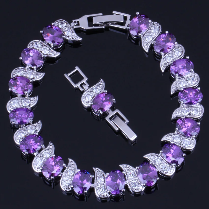 

Glittering Oval Purple Cubic Zirconia White CZ 925 Sterling Silver Link Chain Bracelet 18cm 20cm For Women V0062