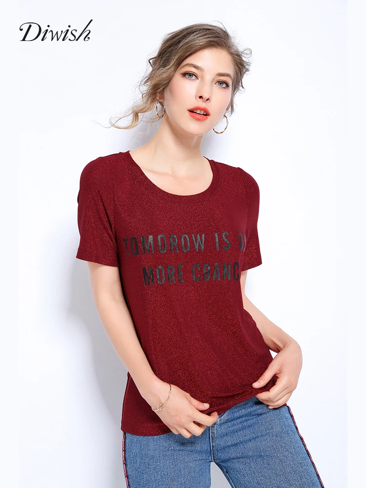 

Diwish Women Short-Sleeved T-shirt 5XL Plus Size 2019 Korean Style Shimmering Letters Print O-Neck Oversize Red Tee Top