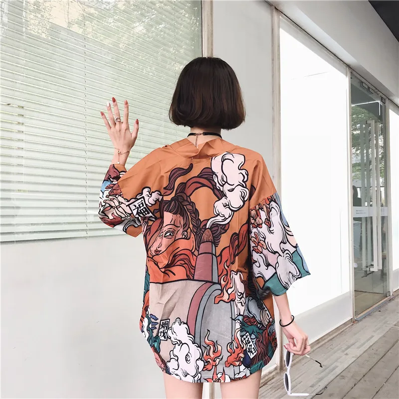 Harajuku BF Wind Japanese-style Feather Weaving Blouse Men and Women Kimono Chiffon Printing Sunscreen Clothing