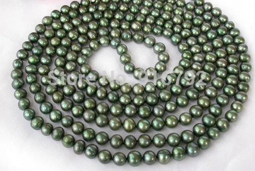 

(B0324) AMAZING 80"9mm round peacock green freshwater Pearls necklace