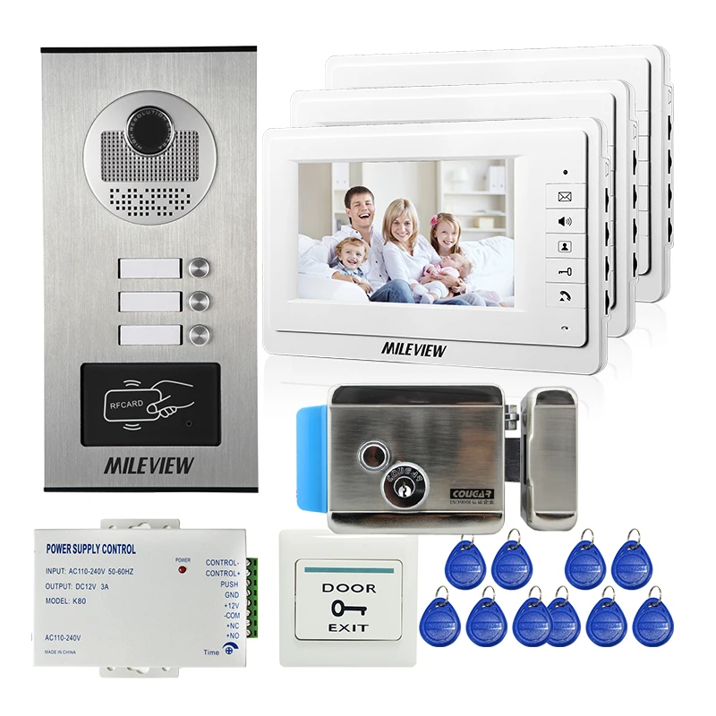 

Apartment 7" Color Video Door Phone Intercom System 3 Monitors + RFID Access Door Camera 3 Buttons + Electric Lock FREE SHIPPING