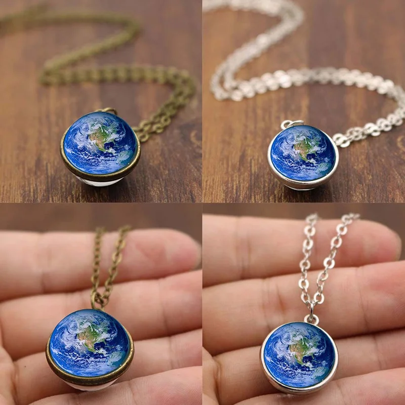 

Earth Planet Crystal Stars Ball Glass Galaxy Pattern Leather Chain Pendants Maxi Necklace For Womem Girlfriend Gift