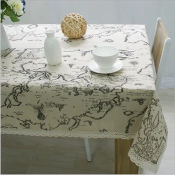 

Modern Style Cotton Linen Tablecloths World Map Printing Lace Washable and Splashproof Rectangle Table Covers for Everyday Use