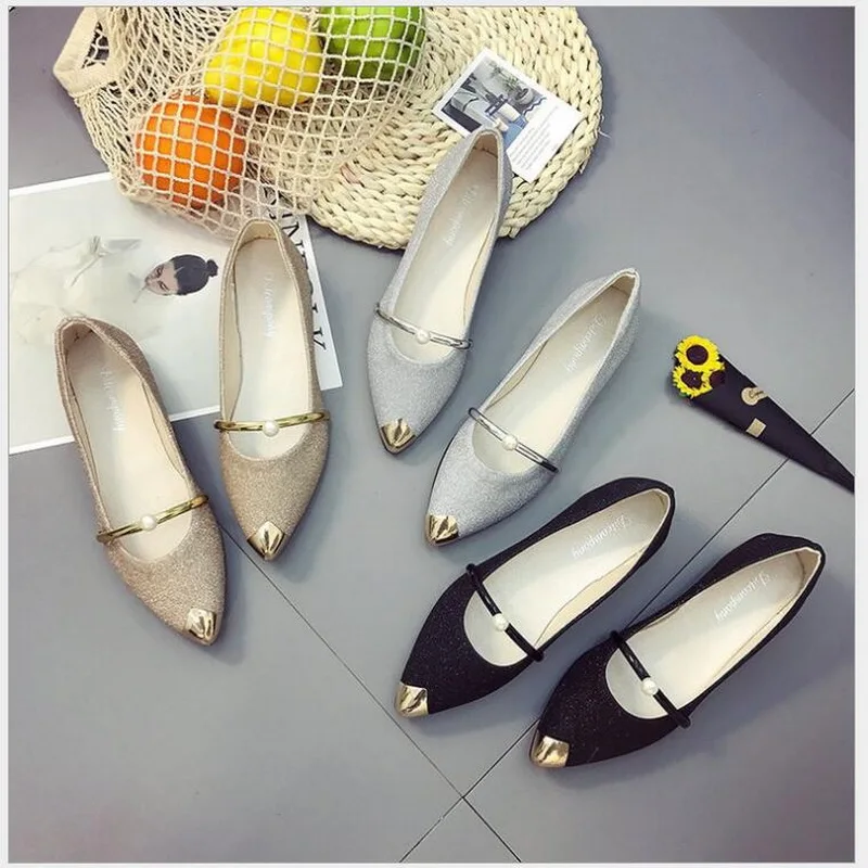 

2019 Spring Women's Solid Color Scrub Comfortable Pointed Toe Flat Shoes Gold Silver Female Casual Woman Boat Shoes