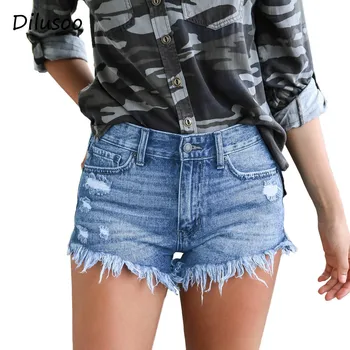 

Dilusoo Women Summer Denim Shorts Pants Holes Tassels Pleated Shorts Casual Ripped Women Jeans 2020 Street Elastic Short Jeans