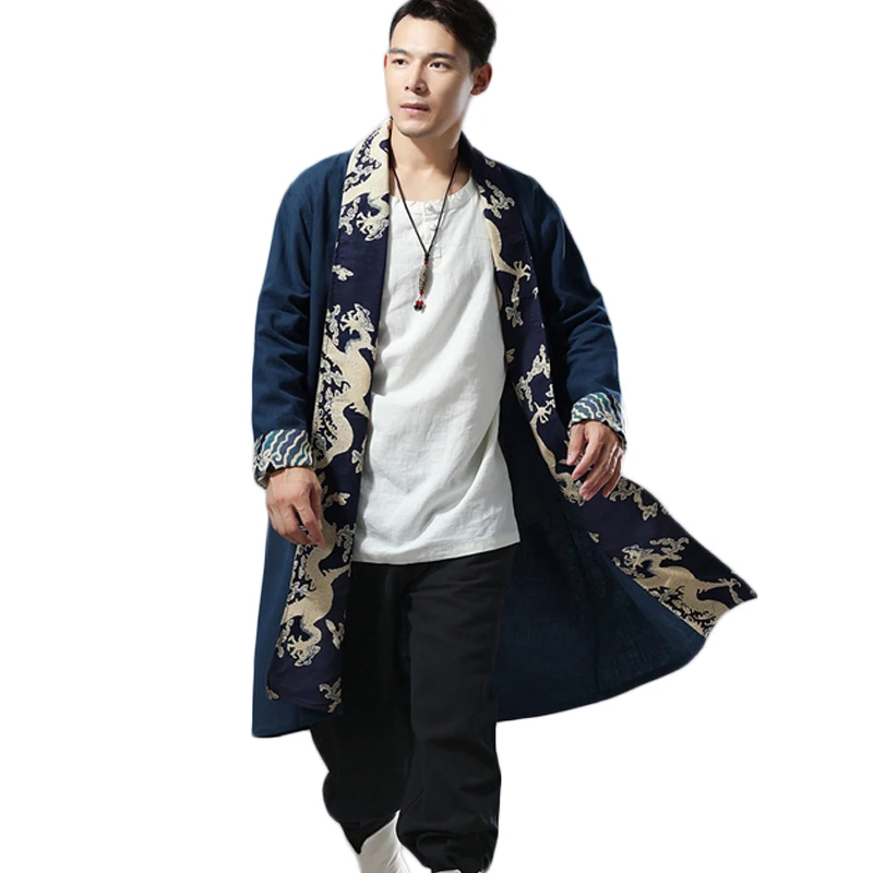 

LZJN 2019 Autumn Long Coat Men Capes Chinese Dragon Patchwork Linen Kimono Cardigan Loose Windbreaker Male Overcoat Trenchcoat