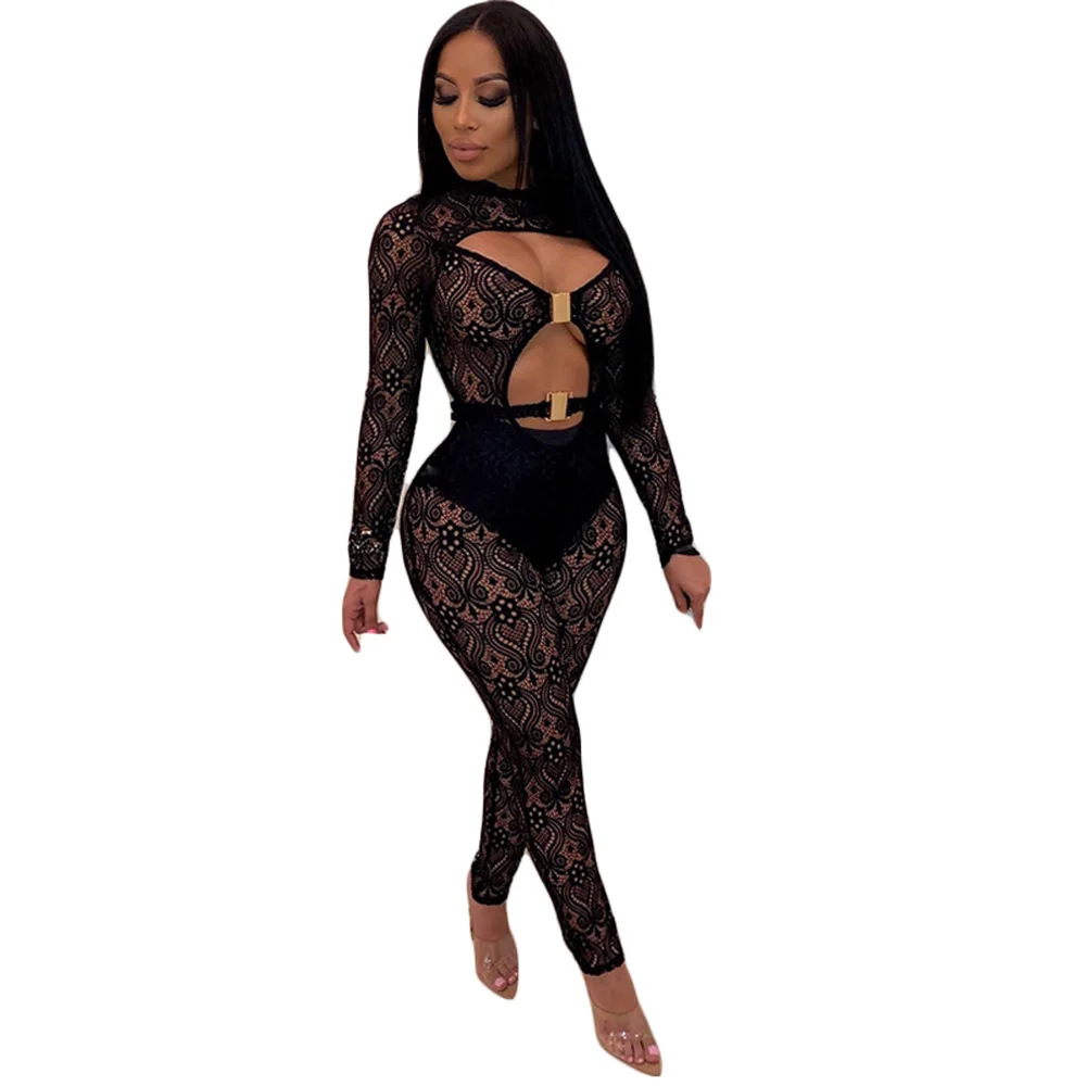 

Sheer Long Sleeve Lace Jumpsuit for Women Sexy See Through Hollow Out Bodycon Rompers Night Club Party Long Pants Overalls