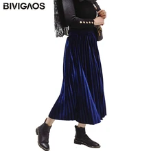 BIVIGAOS Женская Осенняя эластичная плиссированная юбка с высокой талией винтажная длинная юбка плиссированная Вельветовая Длинные Теплые юбки для женщин s faldas largas