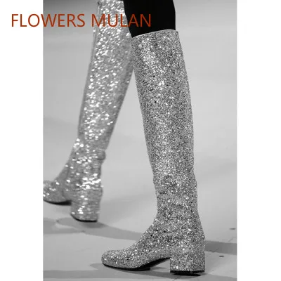 

Fashion New Famous Brand Women Long Knee High Boots Sequined Rivets Suede Leather Ladies Martin Boots Side Zip Low Chunky Heel