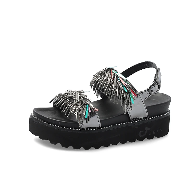 

Ladies Sandals Summer Casual Hook Loop Platform Wedges Sandals Shoes Women Metal Fringe Bohemia Black Silver Open Toe Thick Sole