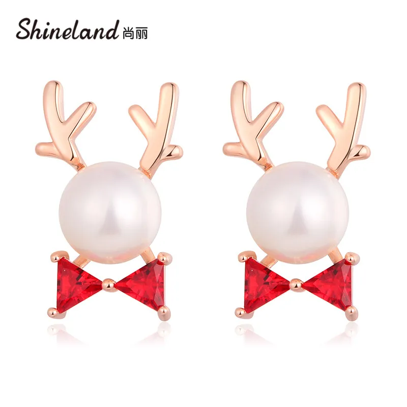 

Shineland Cute Antlers Small Stud Earrings Romantic Simulated-pearl Women Statement Earrings Party Jewelry Christmas Gift
