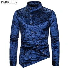 Мужская Вельветовая велюровая рубашка со стоячим воротником, Новинка осени, приталенная рубашка-смокинг с неровным подолом, Мужская Уличная рубашка в стиле хип-хоп