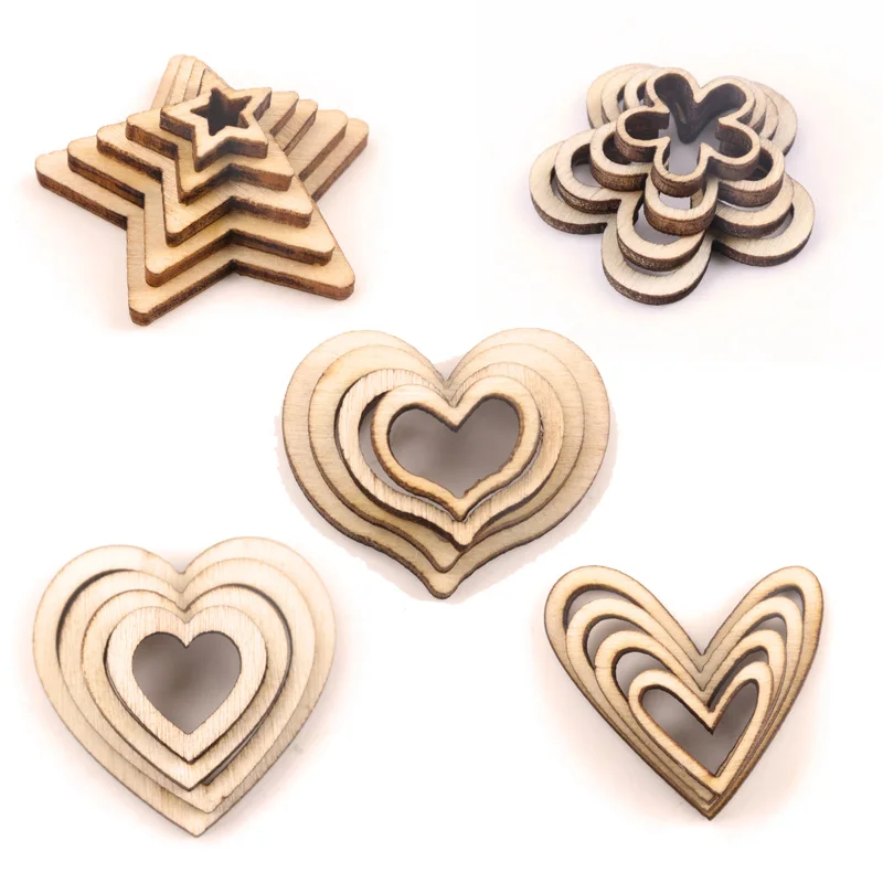 Natural Wooden Hollow Flower Star Heart Handmade Wooden Crafts Accessory Home Decoration Scrapbookings DIY 10-30mm 50pcs