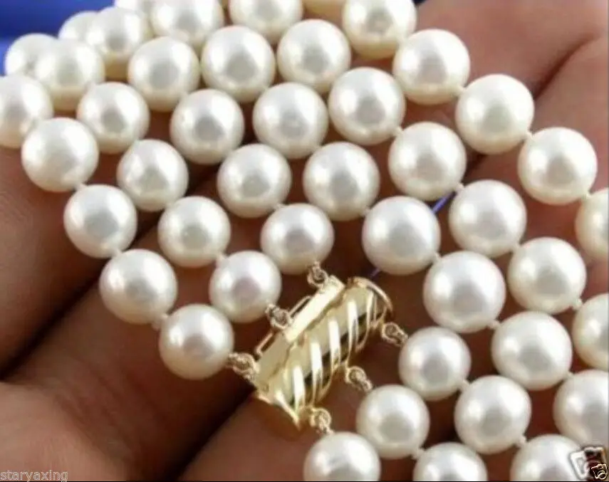 

3 Rows 8-9mm Natural AAA White Akoya Pearl Necklace 17-19" YYX6