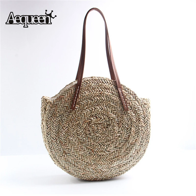 

AEQUEEN Female Rattan Basket Bag Women Hand Woven Round Straw Bags Natural Oval Beach Bag Big Tote Circle Handbag dropshipping