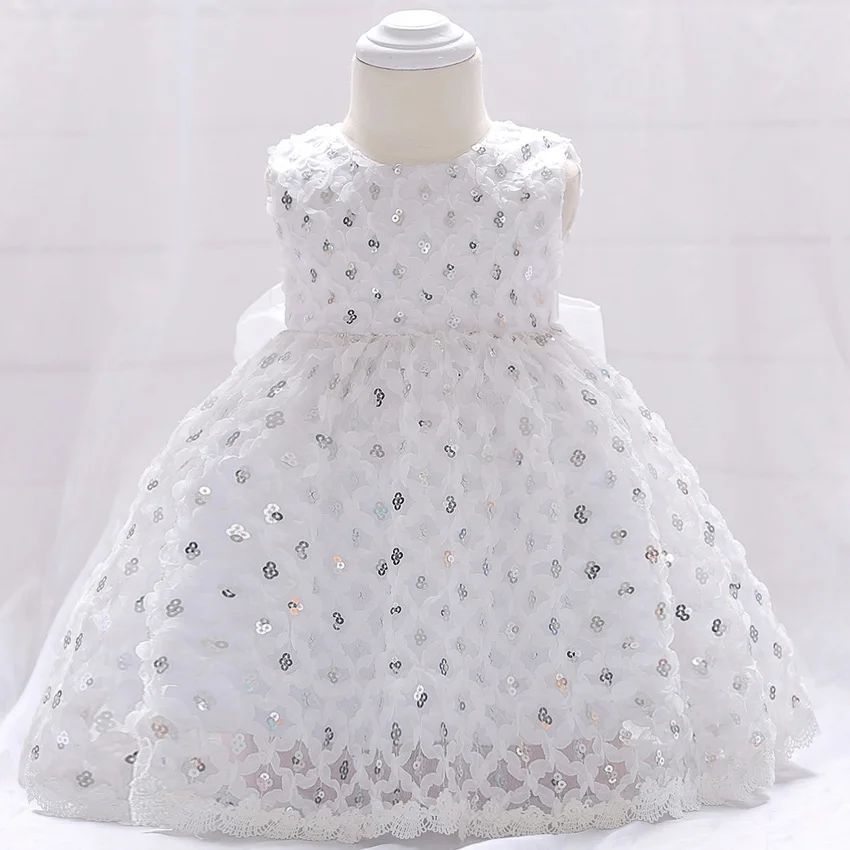 Брендовые кружевные платья для крещения с цветочным принтом и бантом для новорожденных девочек 12 месяцев, 1 год, платья наряды принцессы на крестины для первого дня рождения - Цвет: BL1847XZ White