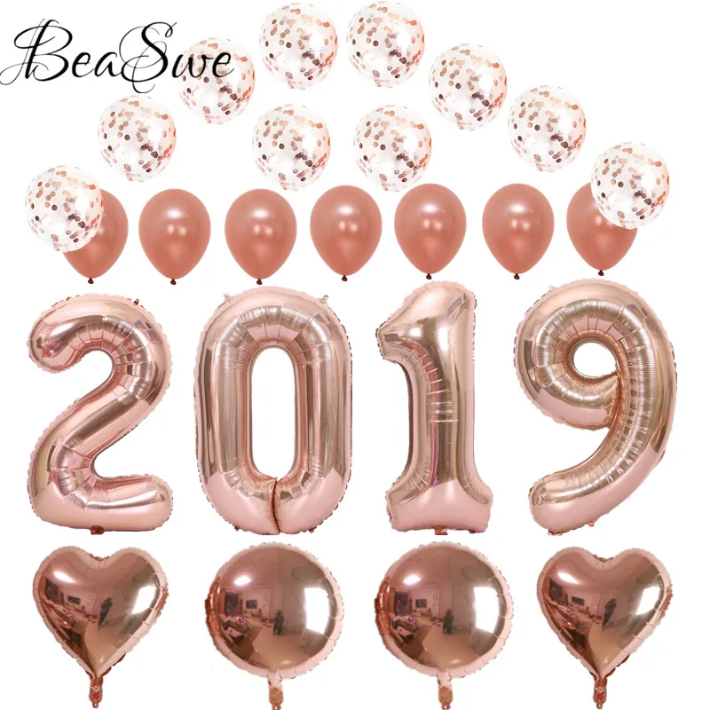 

1set 16"32"40" Number foil Happy New Year 2019 Balloons Rose Gold 18" heart round balls celebration Party Decor Digit Globos