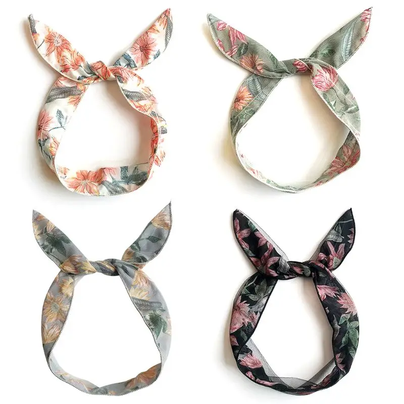 

Women Girls Long Rabbit Ears Iron Wired Hairband Bohemian Colored Floal Printing Bow Headband Elastic Twist Adjustable New